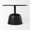 Straight-on profile view highlighting the slender vertical neck and architectural proportions of the matte black pedestal table