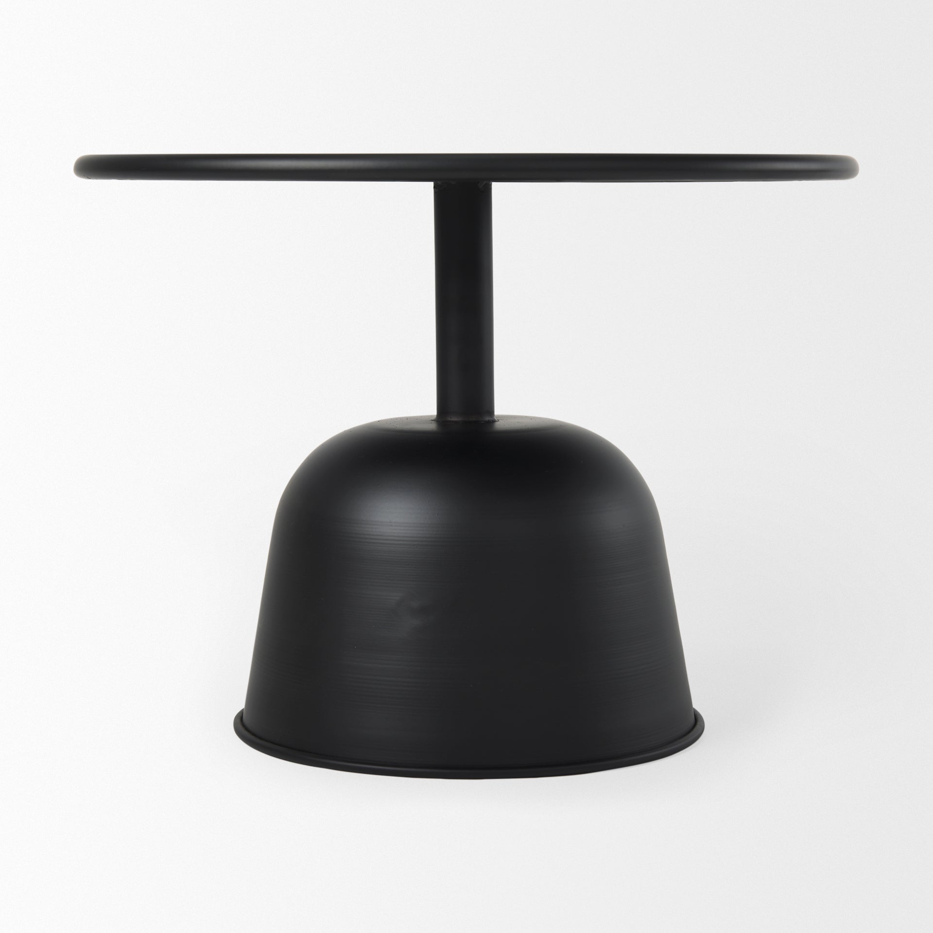 Front view of the Talulla accent table featuring a wide circular top and a bell-shaped pedestal base in a sleek matte black metal finish