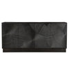 Straight-on front view highlighting the symmetrical spiral texture and the seamless hardware-free aesthetic of the black wood cabinet