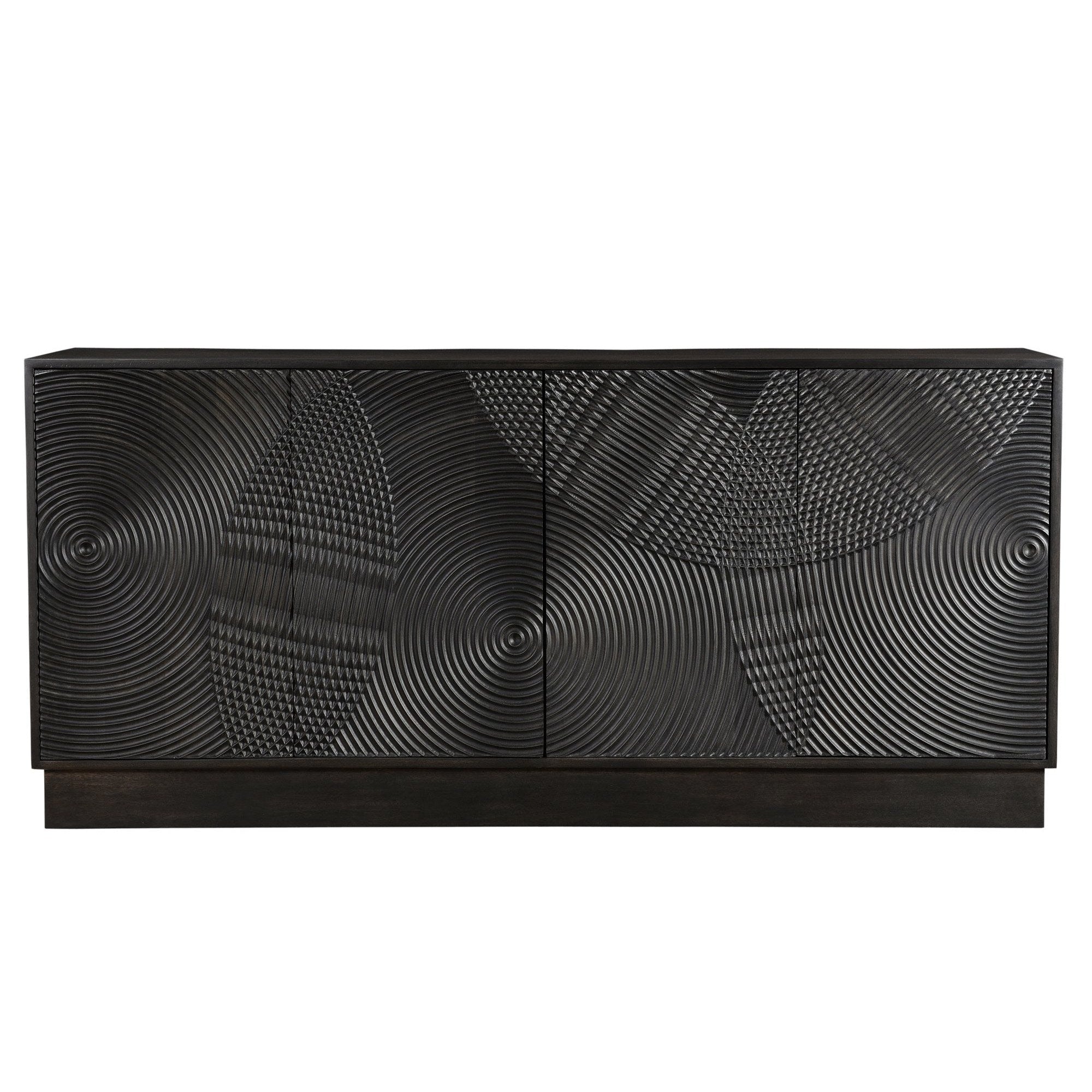 Three-quarter perspective view of the Spiral sideboard featuring a matte black finish and intricate circular relief carvings across four doors