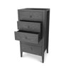 Three-quarter perspective view with two upper drawers open showcasing the spacious storage and sleek integrated vertical silhouette
