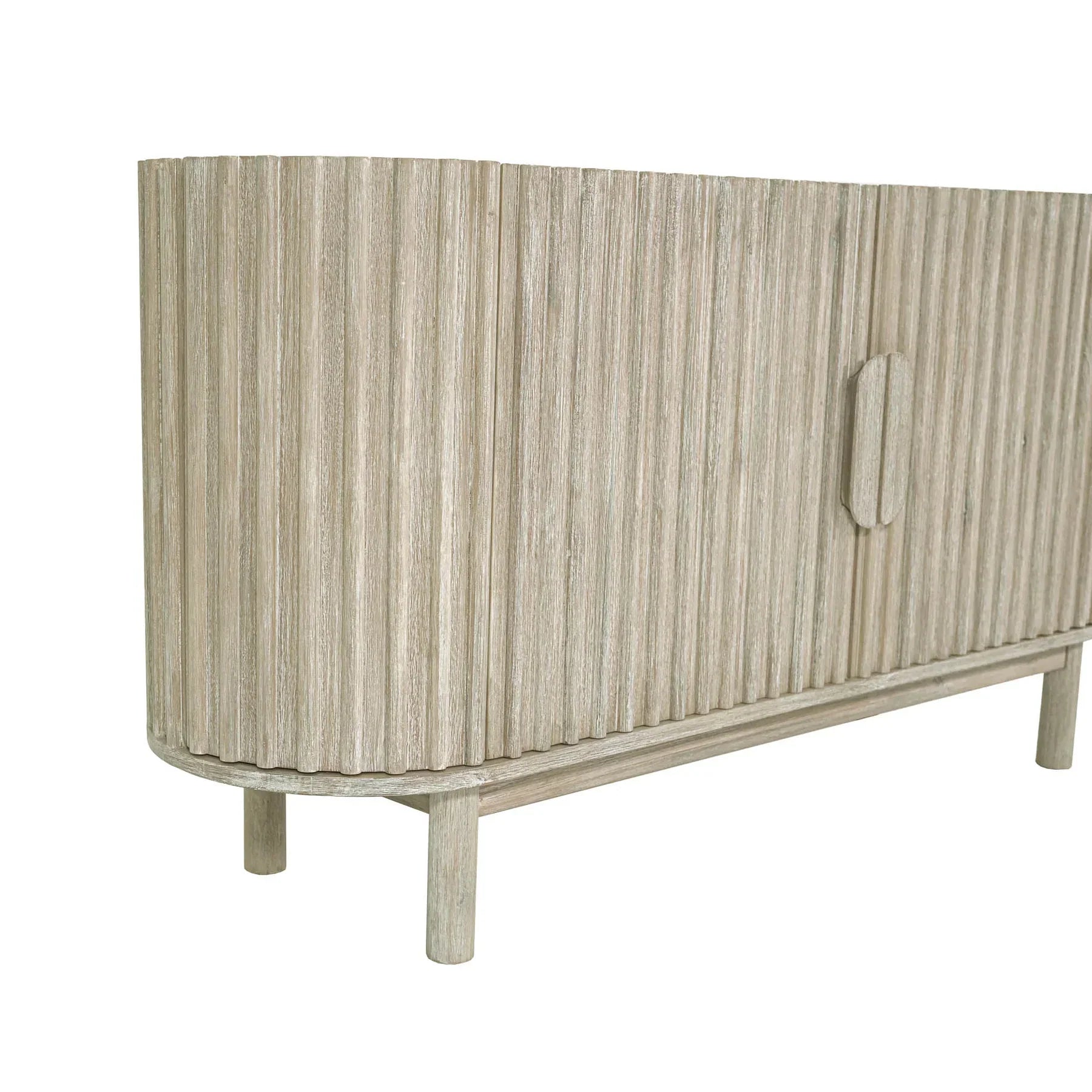 Front perspective view of the Oasis 4-door sideboard featuring a light oak finish, rounded corners, and vertical matte black metal handles