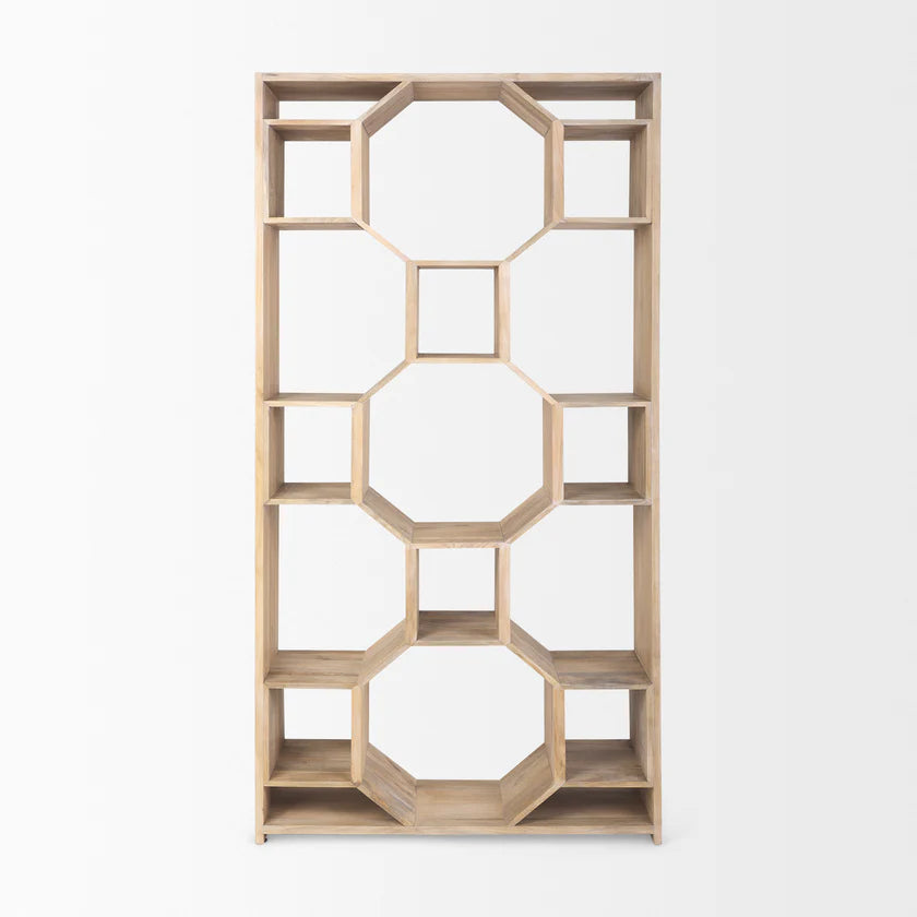 Three-quarter perspective view of the Traro shelving unit in blonde wood featuring a unique geometric honeycomb compartment design