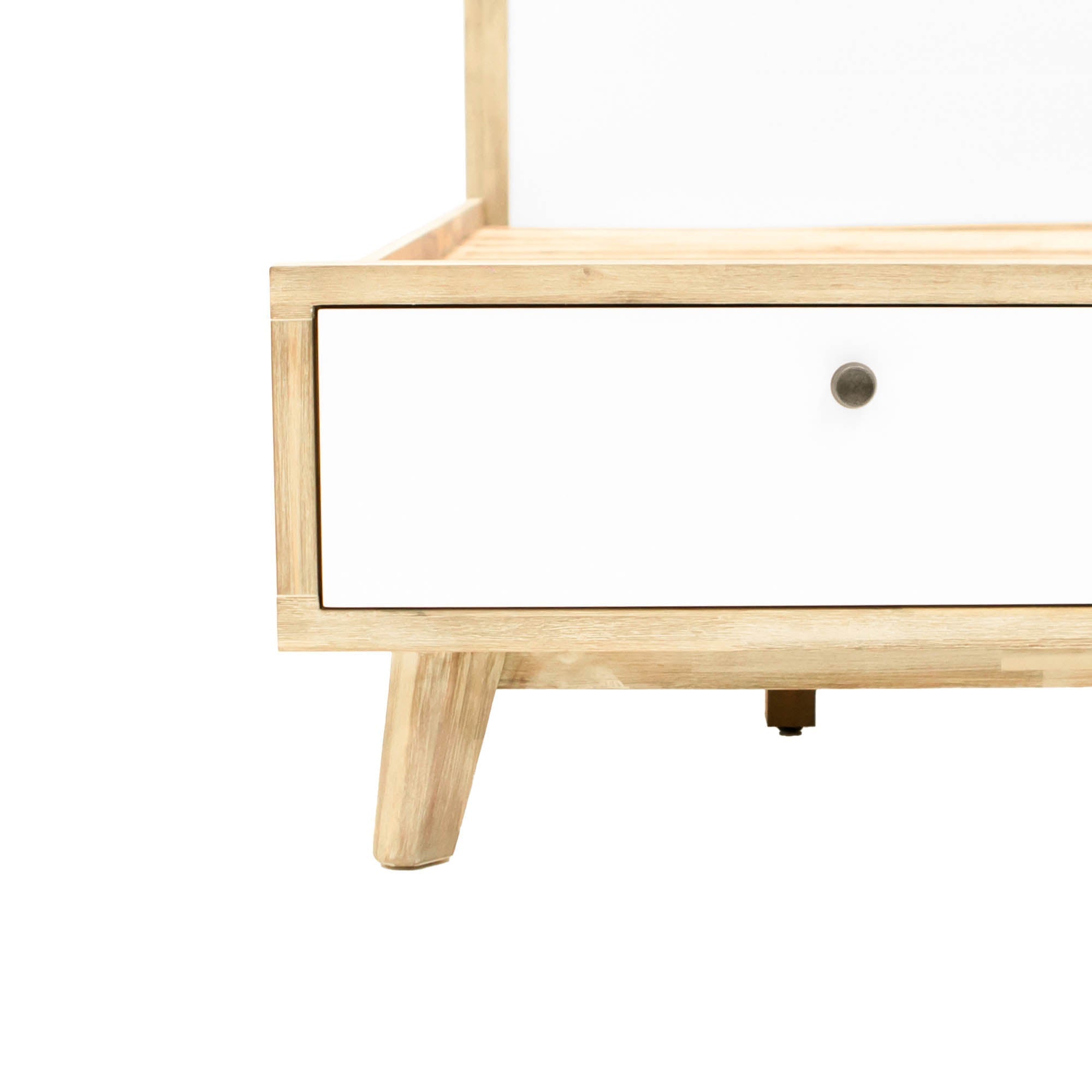Front view of the Ava king platform bed featuring a tall upholstered headboard in a textured white bouclé fabric