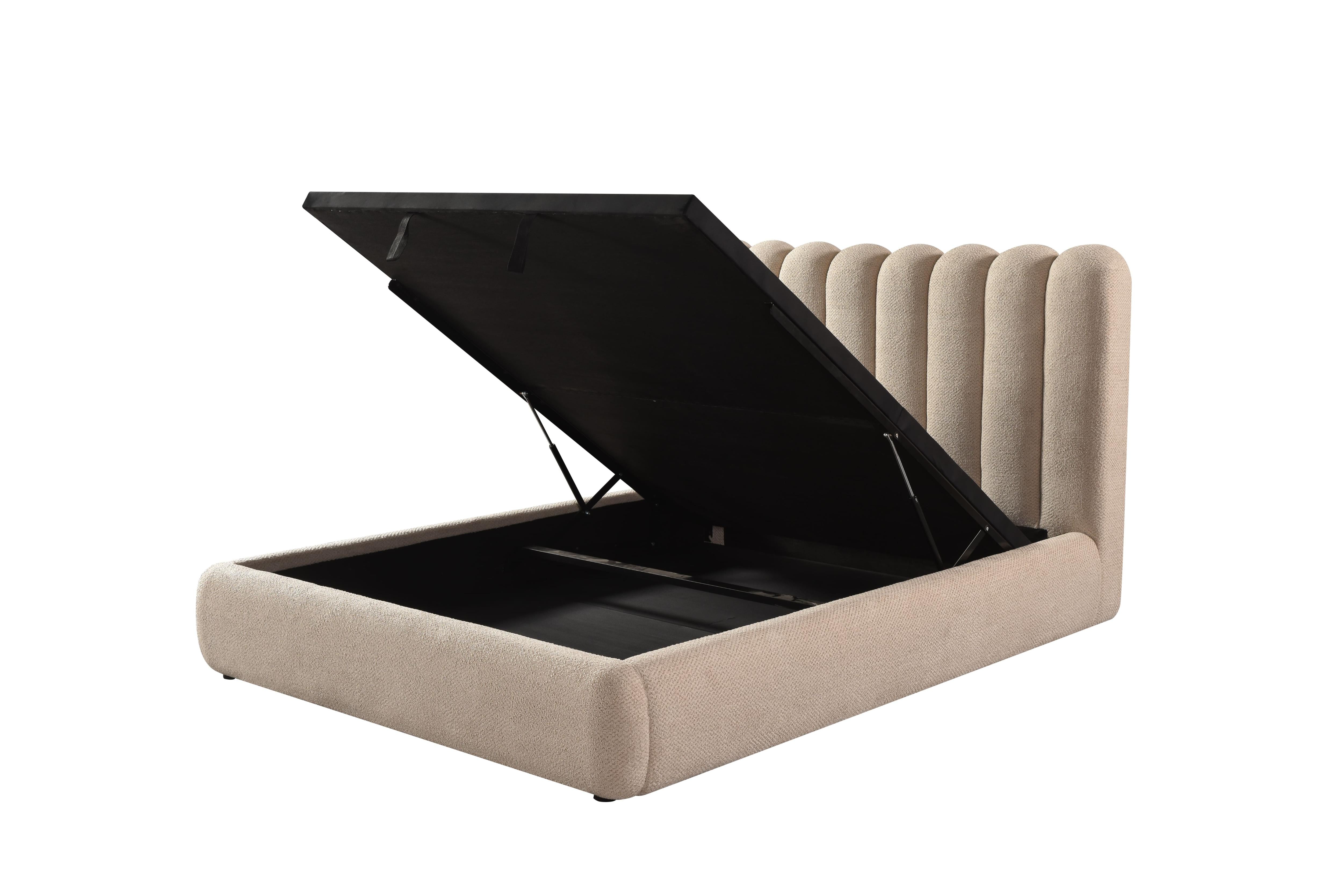 Front view of the Eira upholstered storage bed featuring a cream bouclé finish and a unique curved scalloped headboard