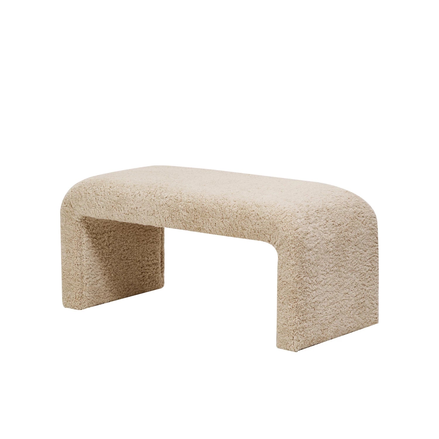 Front view of a minimalist waterfall bench fully upholstered in cream bouclé fabric with a seamless curved silhouette