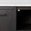 Detailed view of the cabinet door edge and the clean interior shelving