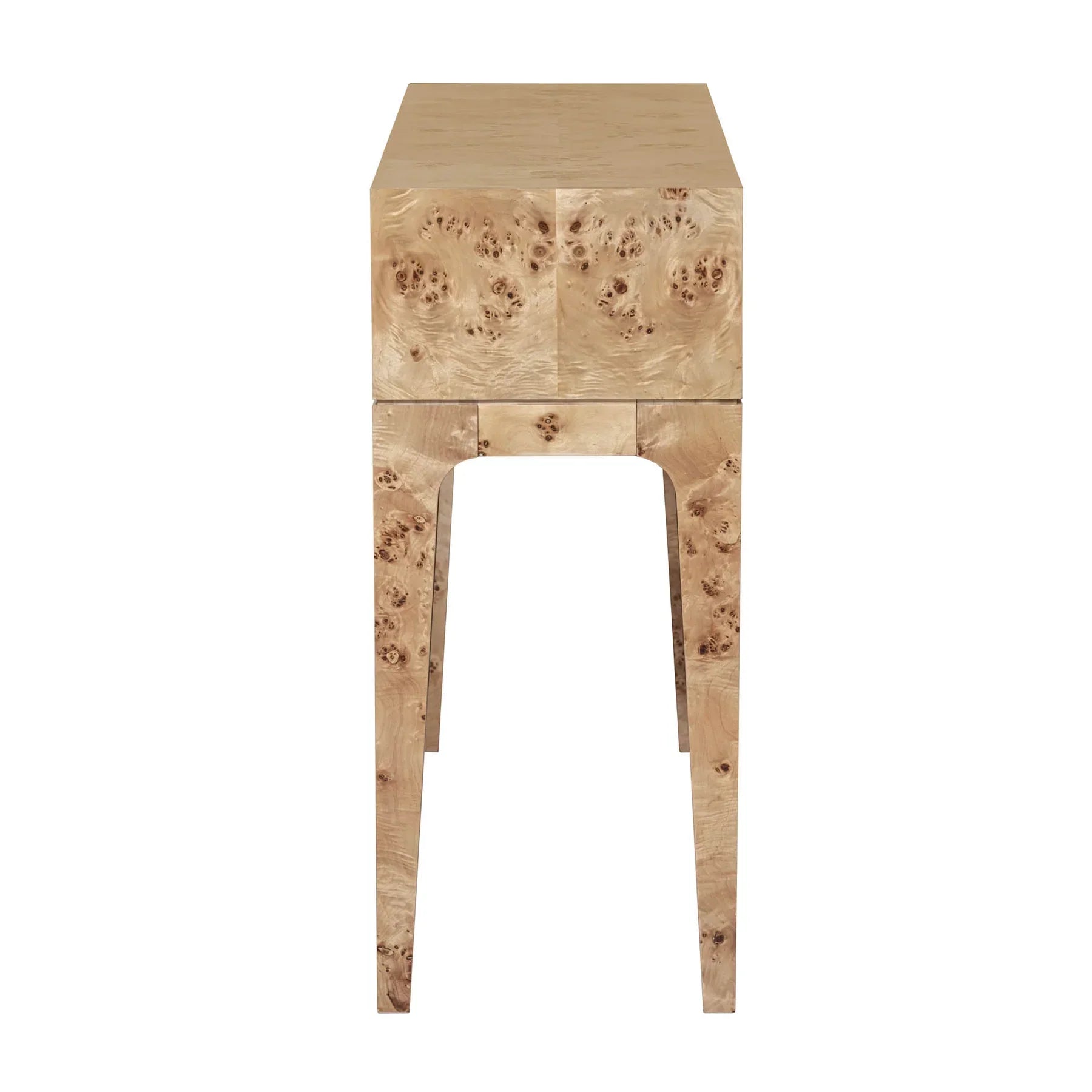 Side profile view highlighting the deep storage cabinet and the graceful curve of the tapered support legs