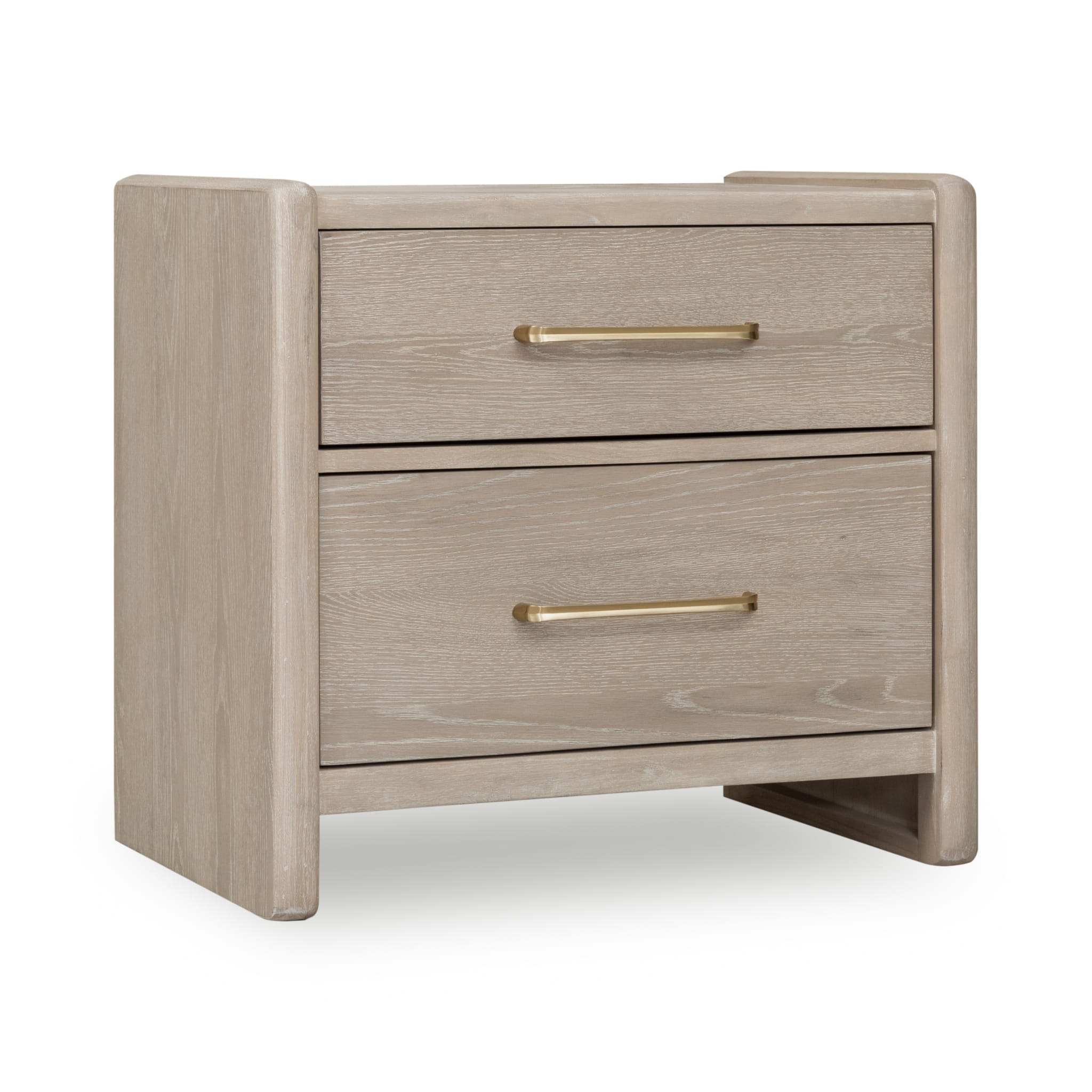 Front view of the Bjorn 2-drawer nightstand in a neutral chai oak finish featuring a minimalist box frame and elegant brass handles