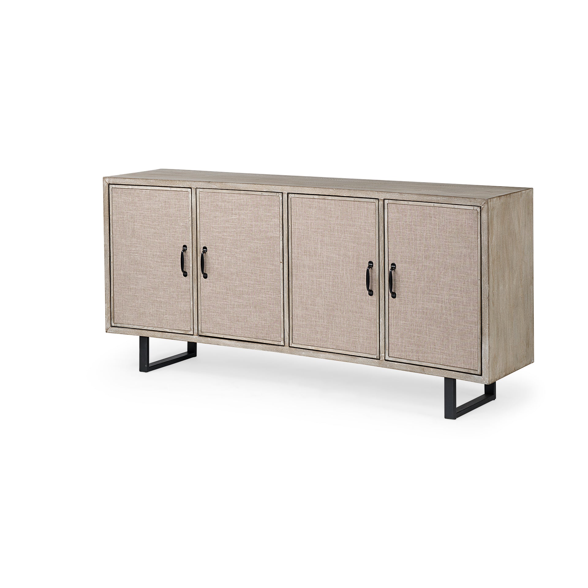 Front view of the Bellefontaine sideboard featuring textured grasscloth door panels and matte black vertical metal handles