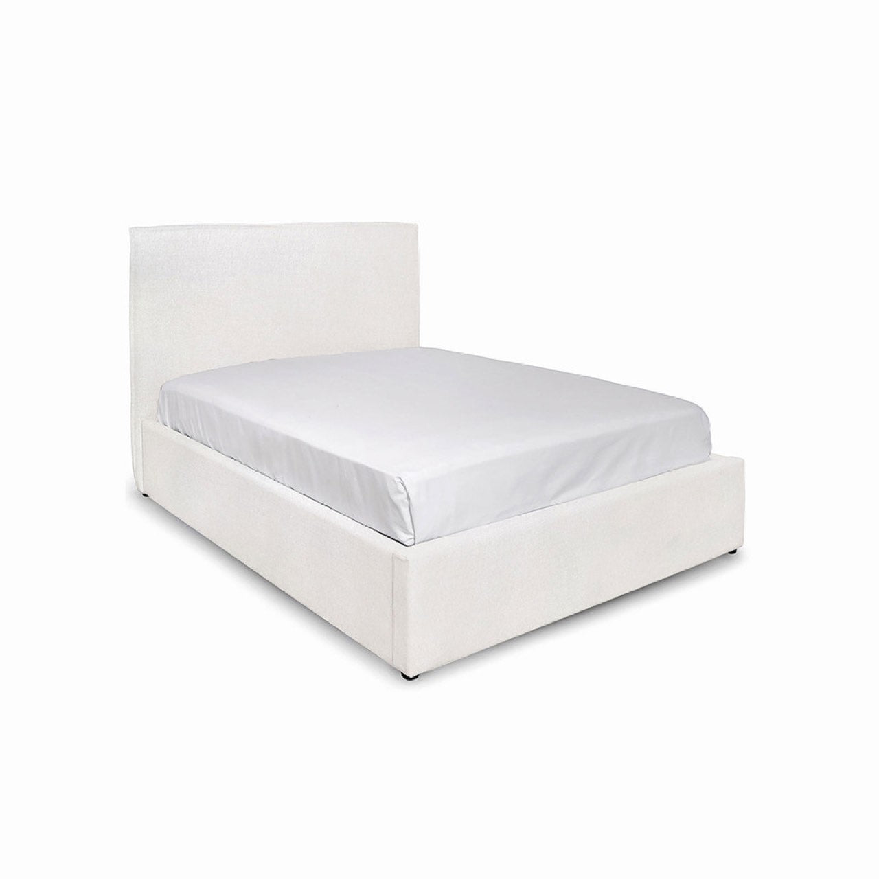 Front view highlighting the soft textured upholstery and the clean architectural lines of the bed frame