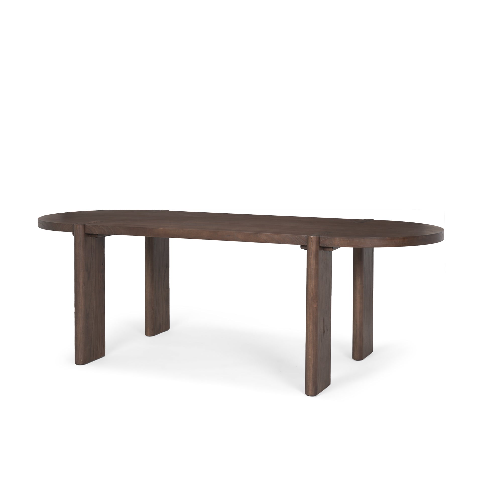 Front view of the Sohan oval dining table in a dark elm wood finish featuring smooth rounded edges and sturdy trestle leg supports