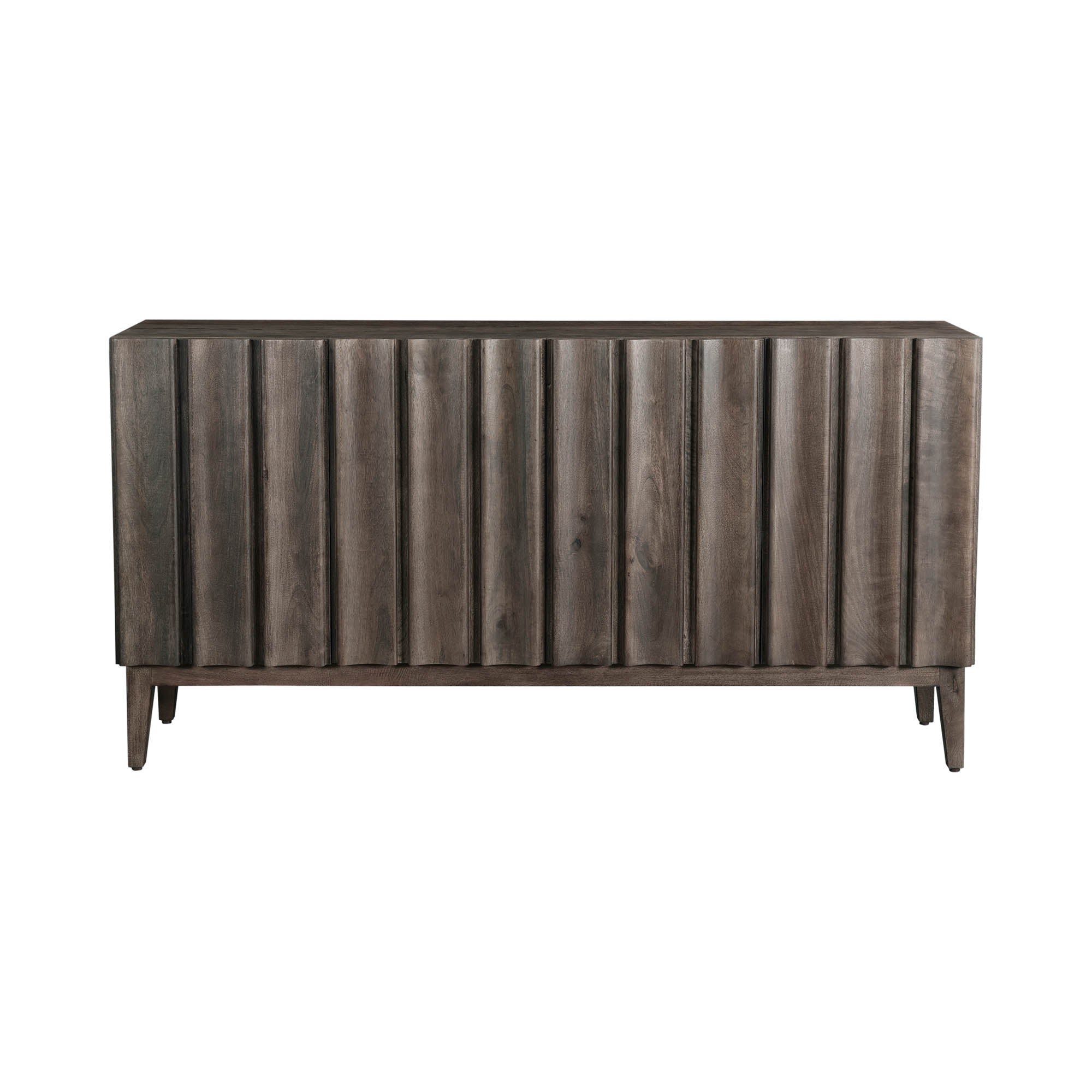 Straight-on front view highlighting the symmetrical vertical fluting and the seamless hardware-free aesthetic of the dark wood cabinet
