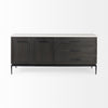 Straight-on front view showcasing the symmetrical design with two cabinet doors and three storage drawers