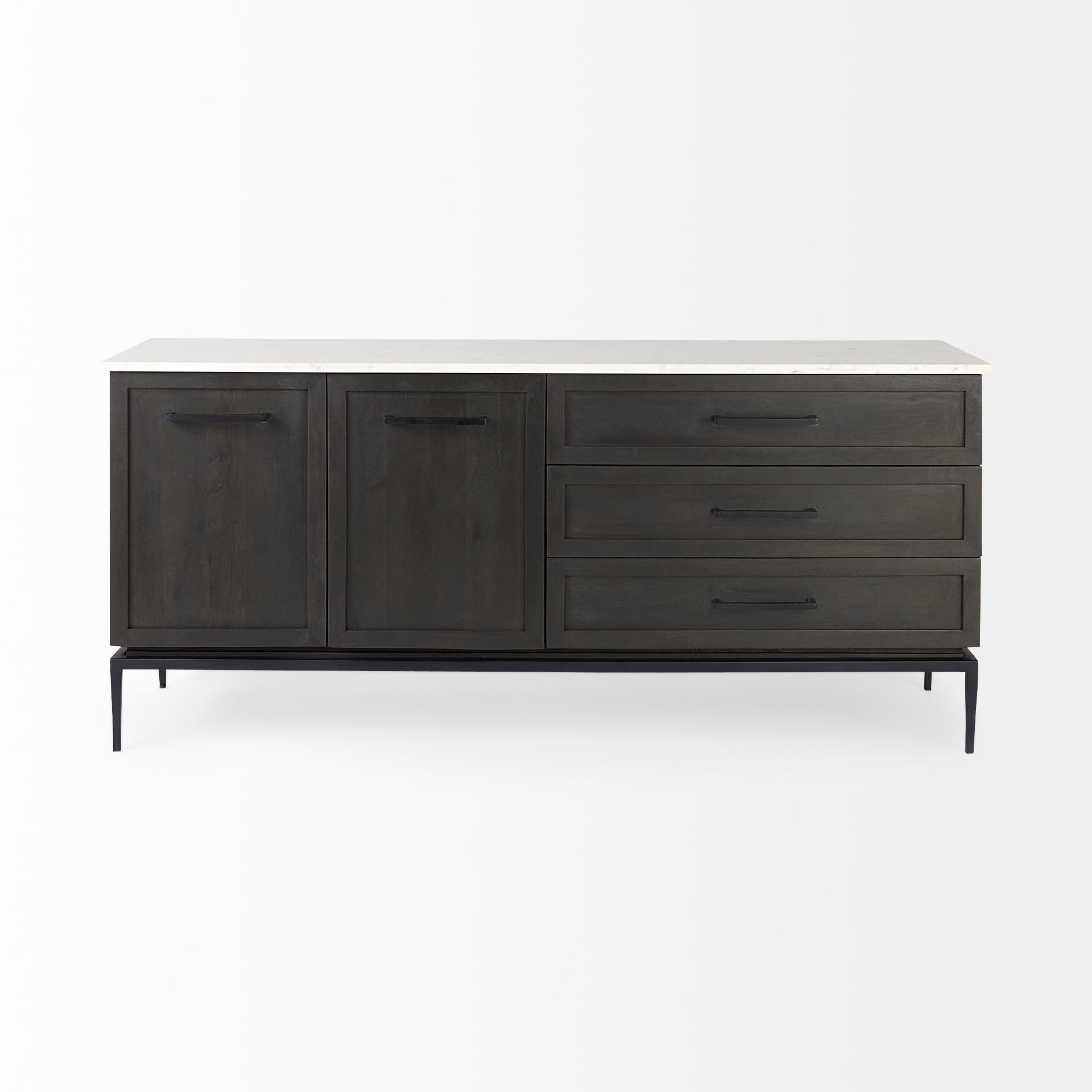 Front perspective view of the Gemma sideboard featuring a dark charcoal wood finish, a white marble top, and slim black metal legs