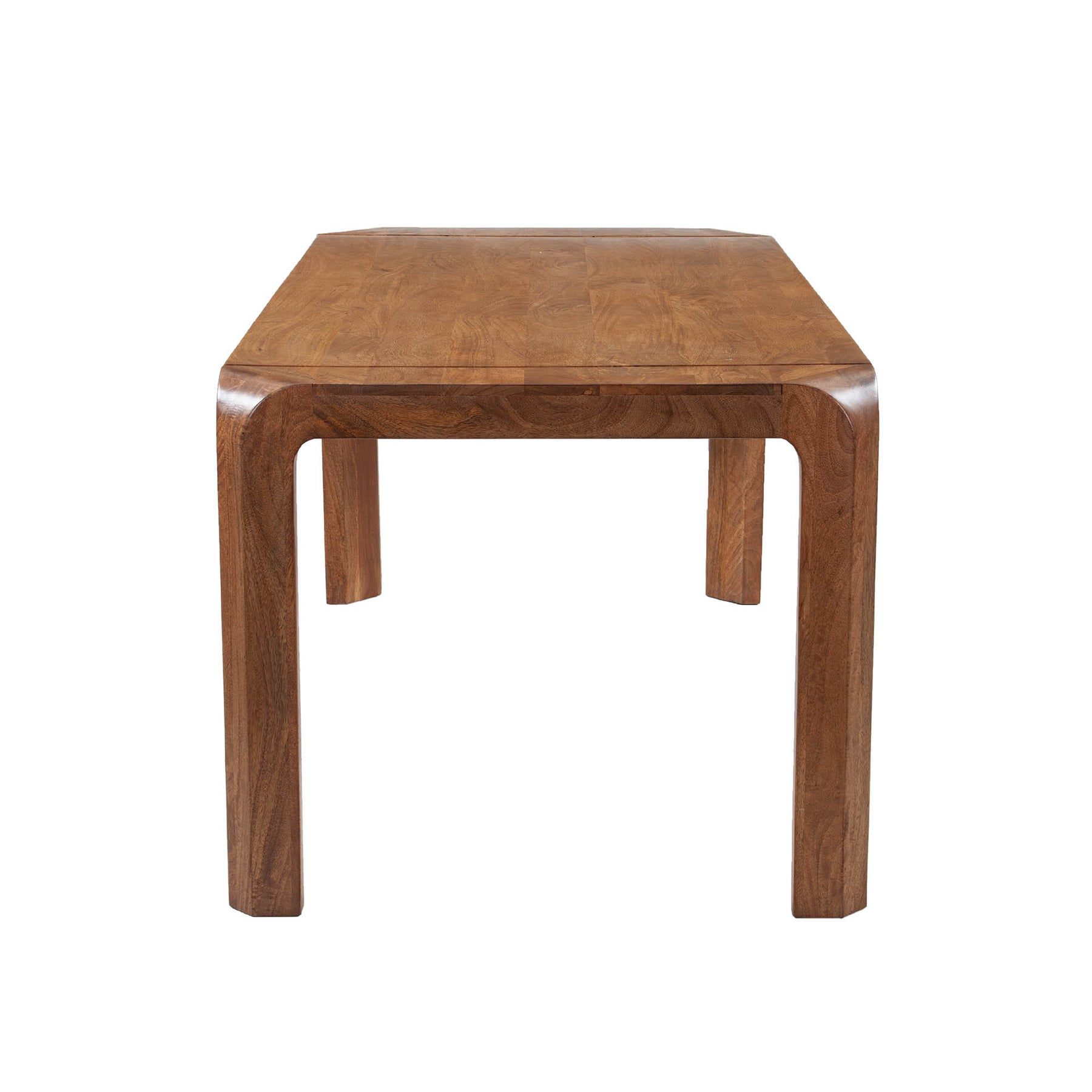 Front view of the Genesis dining table in a warm walnut finish featuring a minimalist rectangular top and tapered architectural legs