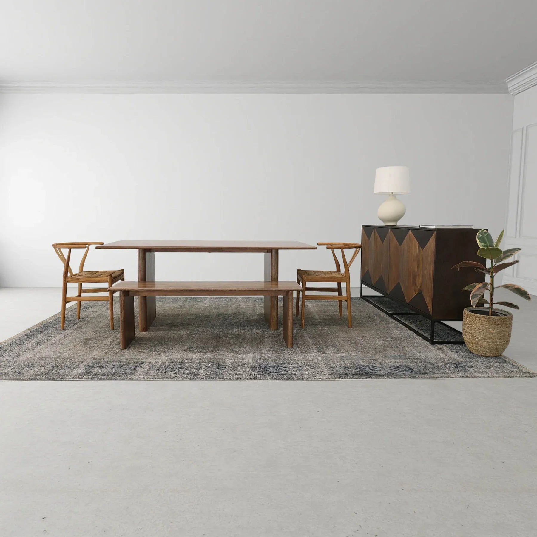 Front view of the Dallas dining bench in a rich walnut wood finish featuring a minimalist rectangular seat and thick slab legs