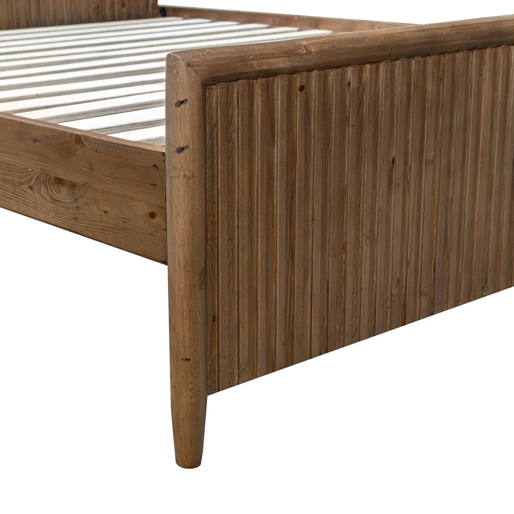 Front view of the Ava king platform bed featuring a tall upholstered headboard in a textured white bouclé fabric