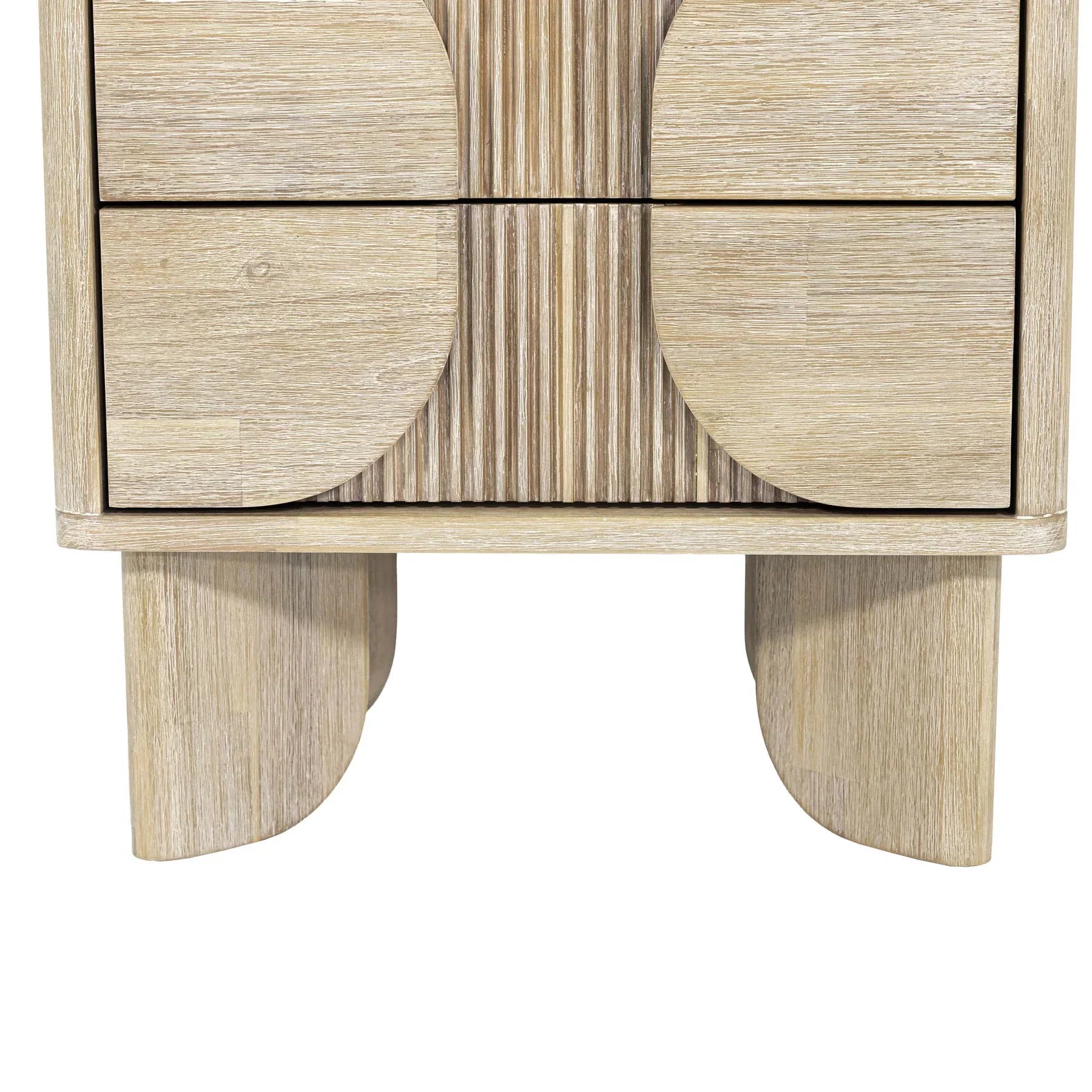 Front view of the Haru 2-drawer nightstand featuring a light driftwood finish and unique architectural slatted wood detailing