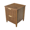 Three-quarter perspective view highlighting the rustic wood texture and elegant slim brass drawer pulls