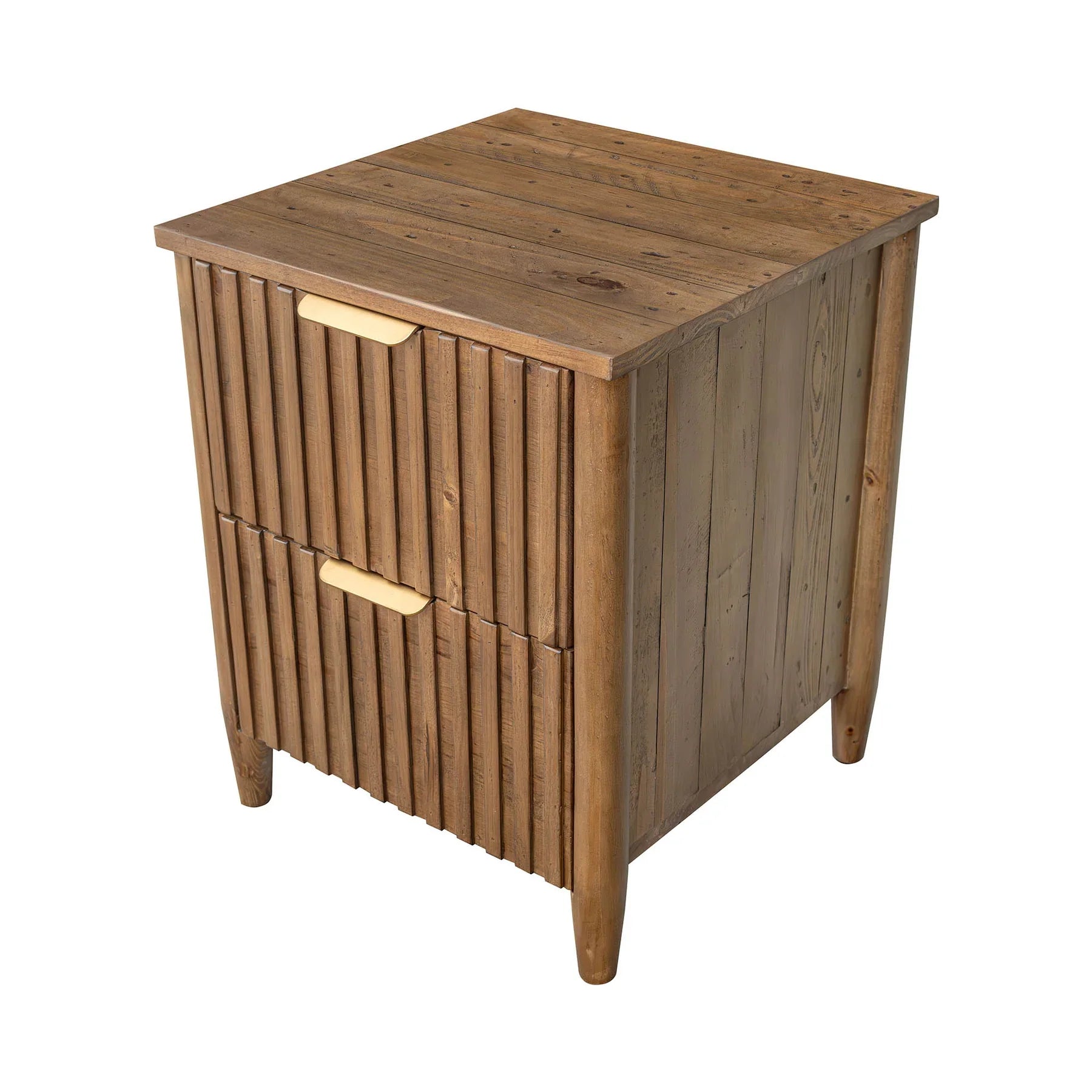 Front view of the Britanica 2-drawer nightstand featuring a driftwood finish and unique vertical wood slat drawer fronts