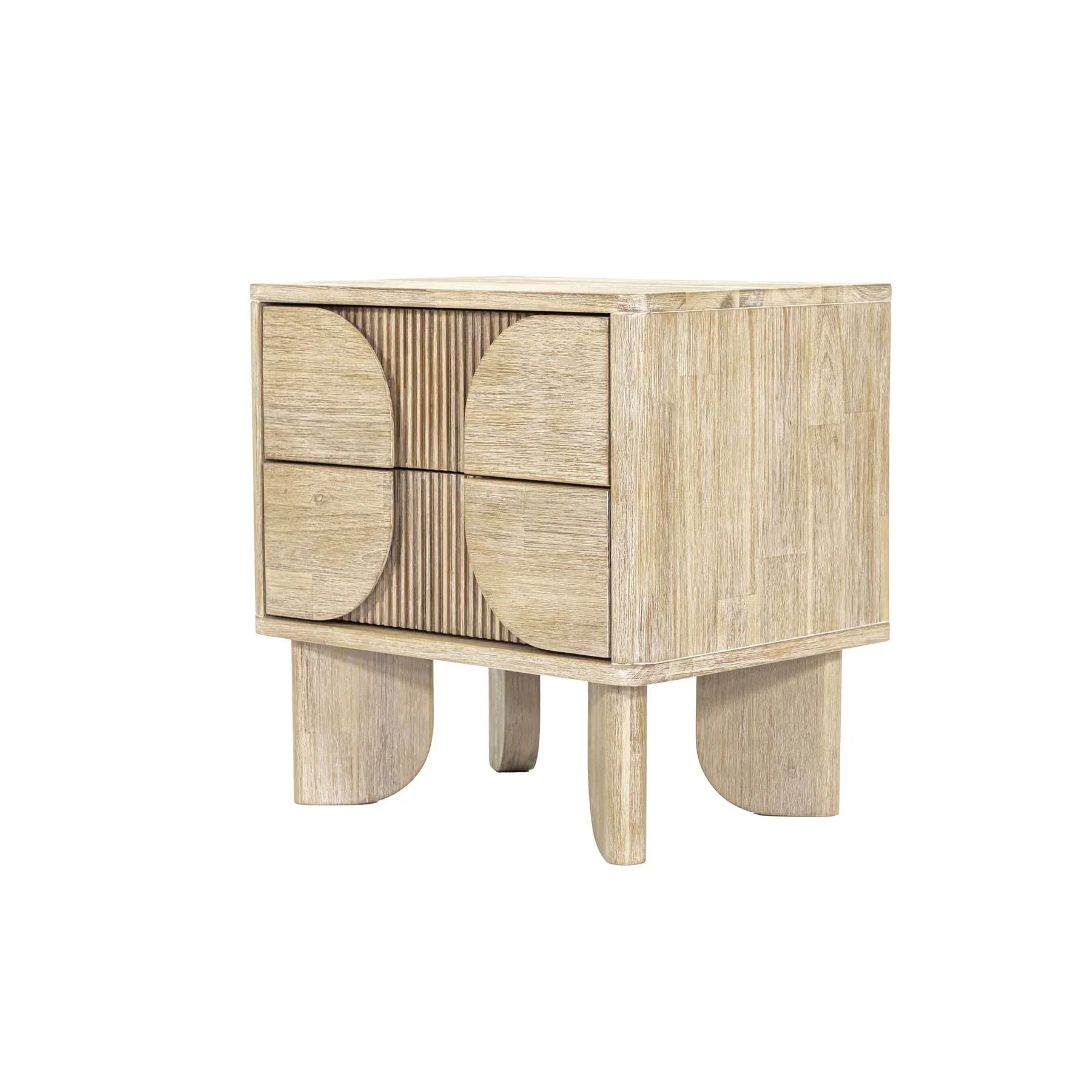 Front view of the Haru 2-drawer nightstand featuring a light driftwood finish and unique architectural slatted wood detailing