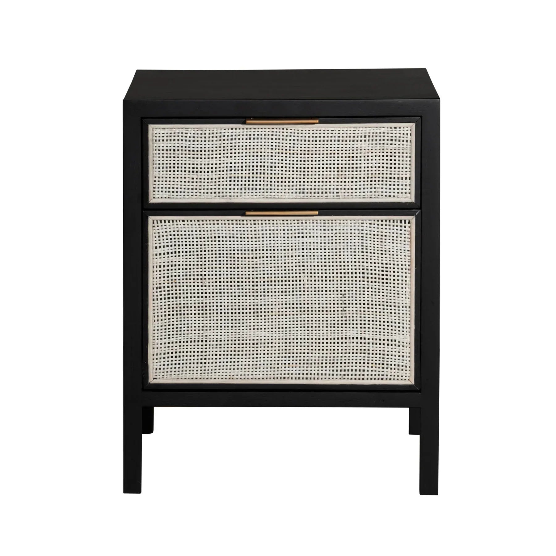 Straight-on front view highlighting the symmetrical black frame and the organic texture of the light-toned rattan drawer inserts