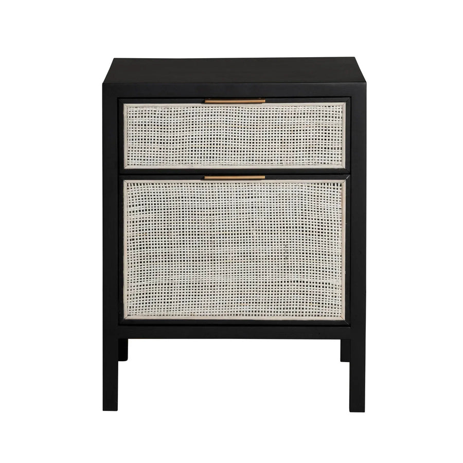 Straight-on front view highlighting the symmetrical black frame and the organic texture of the light-toned rattan drawer inserts