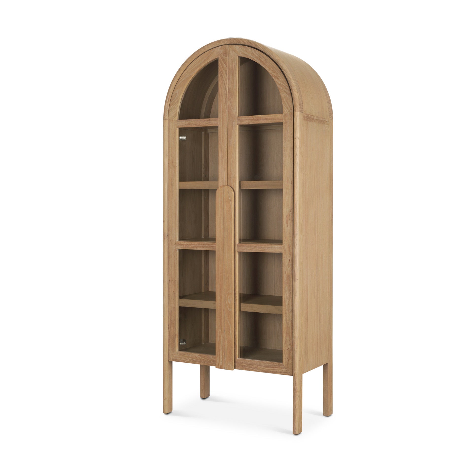 Front view of the Callum arched cabinet featuring light brown elm wood construction and tall glass double doors
