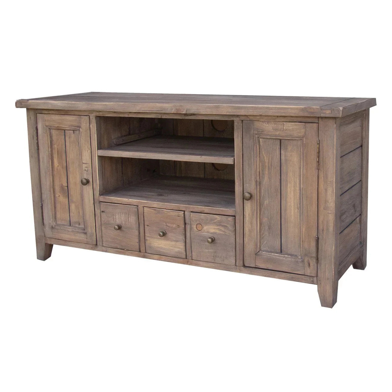 Front view of the large Irish Coast media unit in a warm sundried pine finish featuring two side cabinets and three central storage drawers