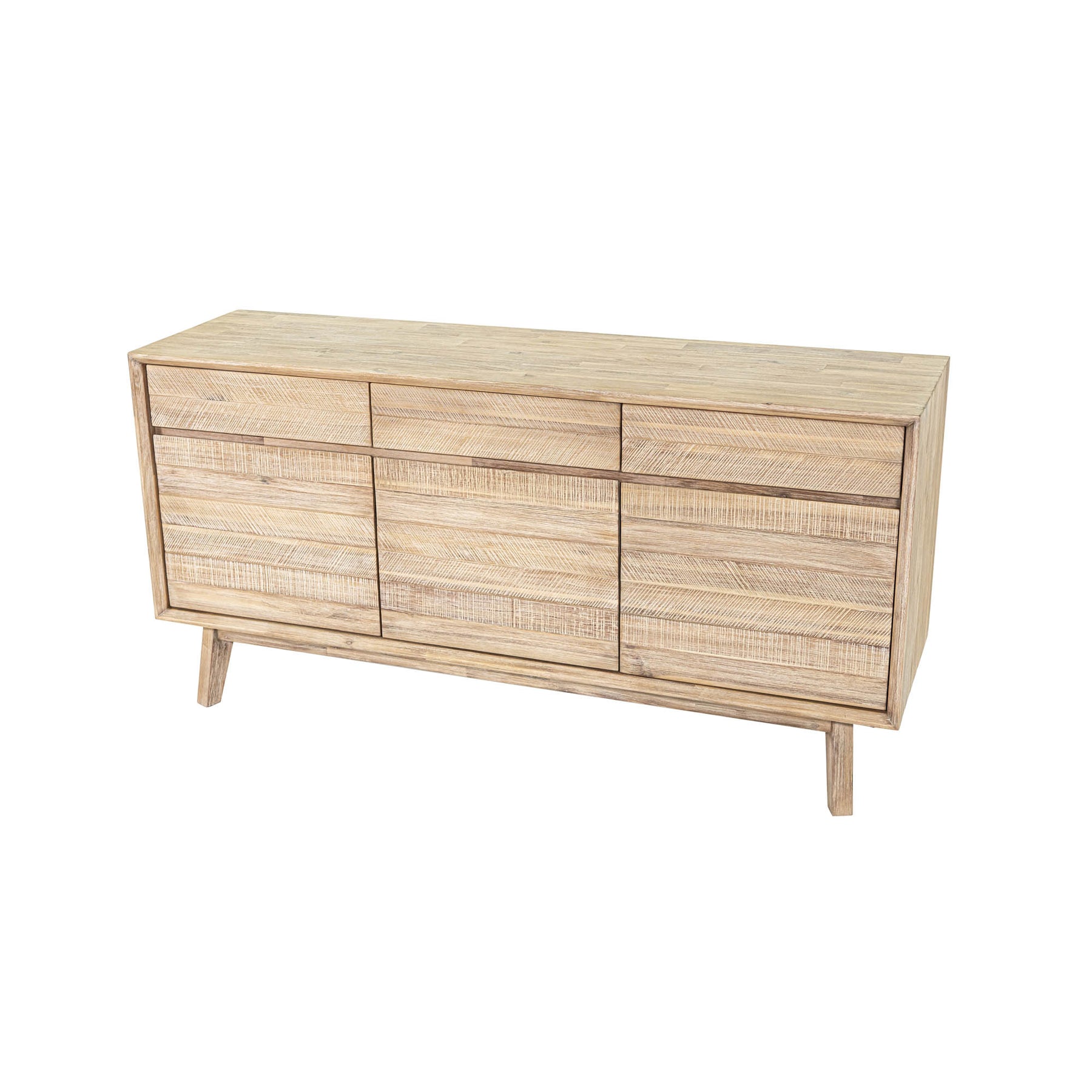 Front perspective view of the Gia sideboard featuring natural wood construction with horizontal textured paneling and three top drawers