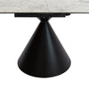 Three-quarter perspective view of the Elskede table shown in its extended oval configuration with the faux marble surface