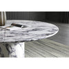 Close-up perspective shot focusing on the smooth glossy surface and intricate purple veining of the marble foil tabletop