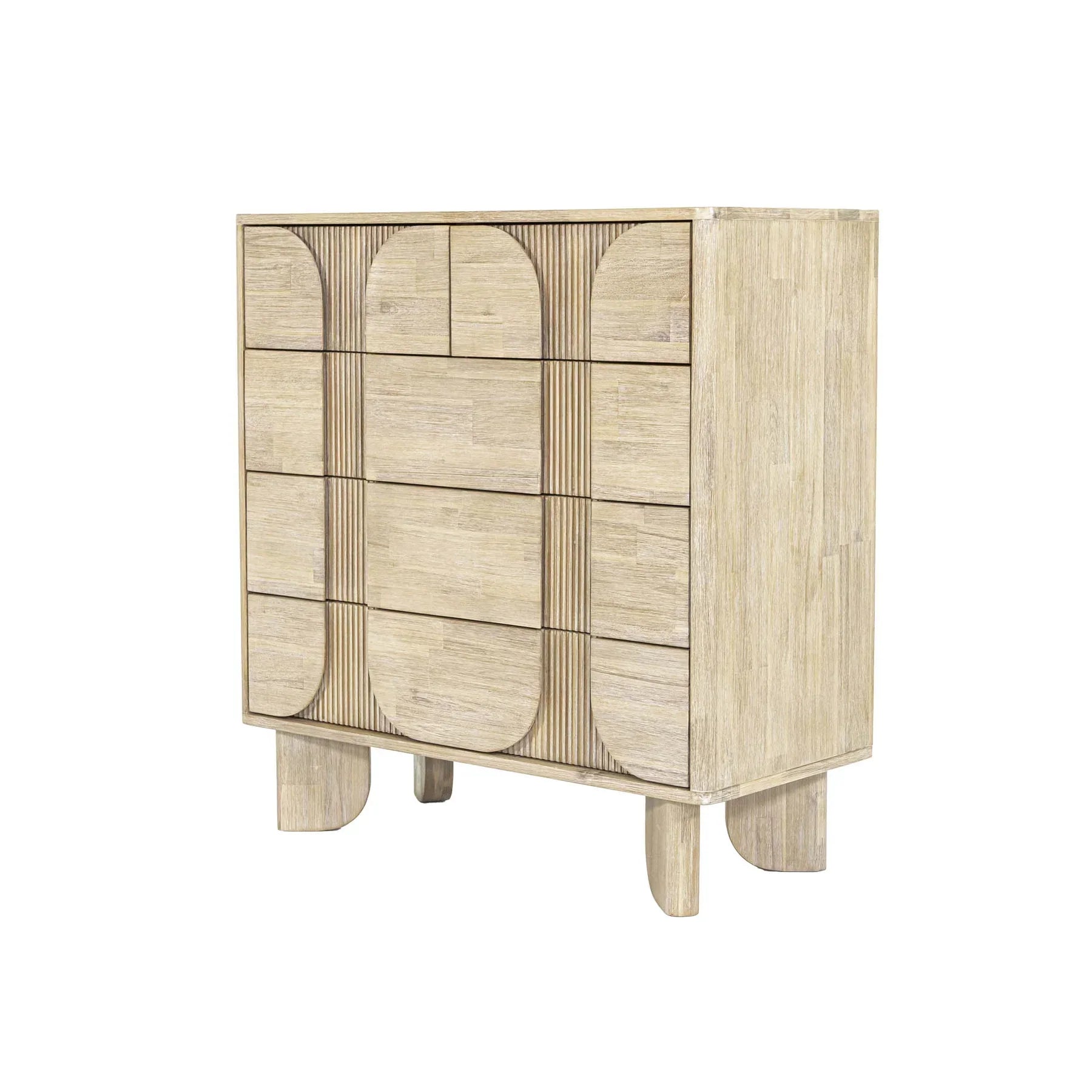 Front view of the Haru 5-drawer vertical chest featuring a light white oak finish and unique fluted facade with soft rounded paneling