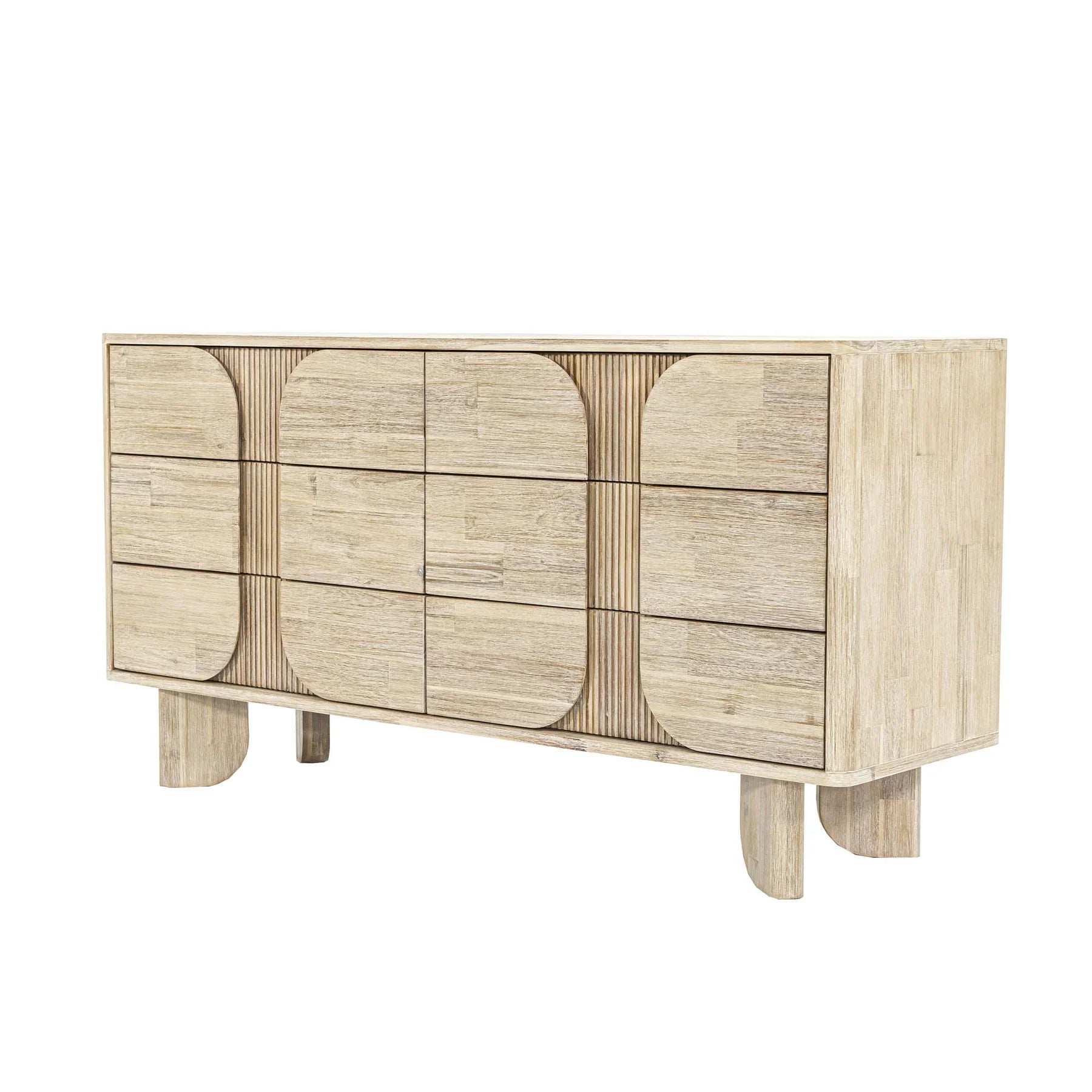 Front view of the Haru double dresser featuring a light white oak finish and a unique fluted facade with soft rounded paneling