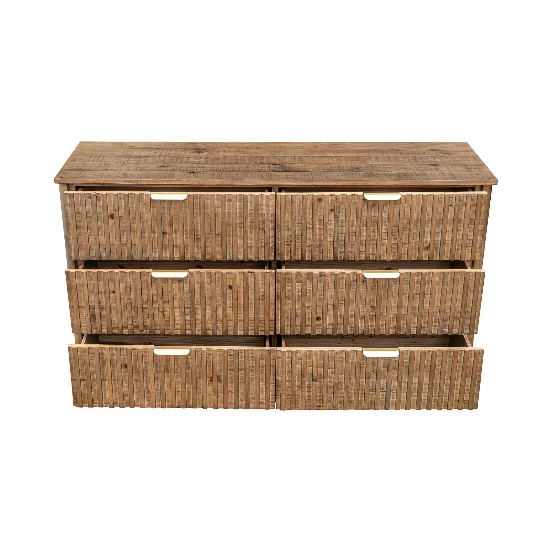 Front view of the Britanica double dresser featuring a warm reclaimed wood finish, vertical fluted drawer fronts, and sleek horizontal gold handles