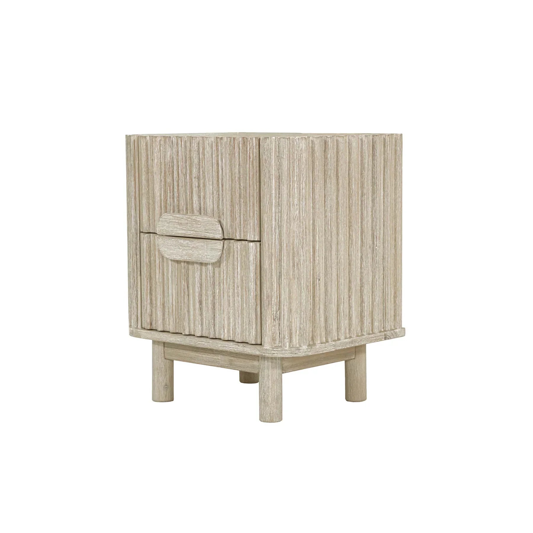 Front view of the Oasis nightstand featuring a light white oak finish, vertical ribbed texture, and unique pill-shaped integrated handles