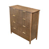 Three-quarter perspective view highlighting the vertical grain patterns and the elegant tapered legs of the rustic wood chest