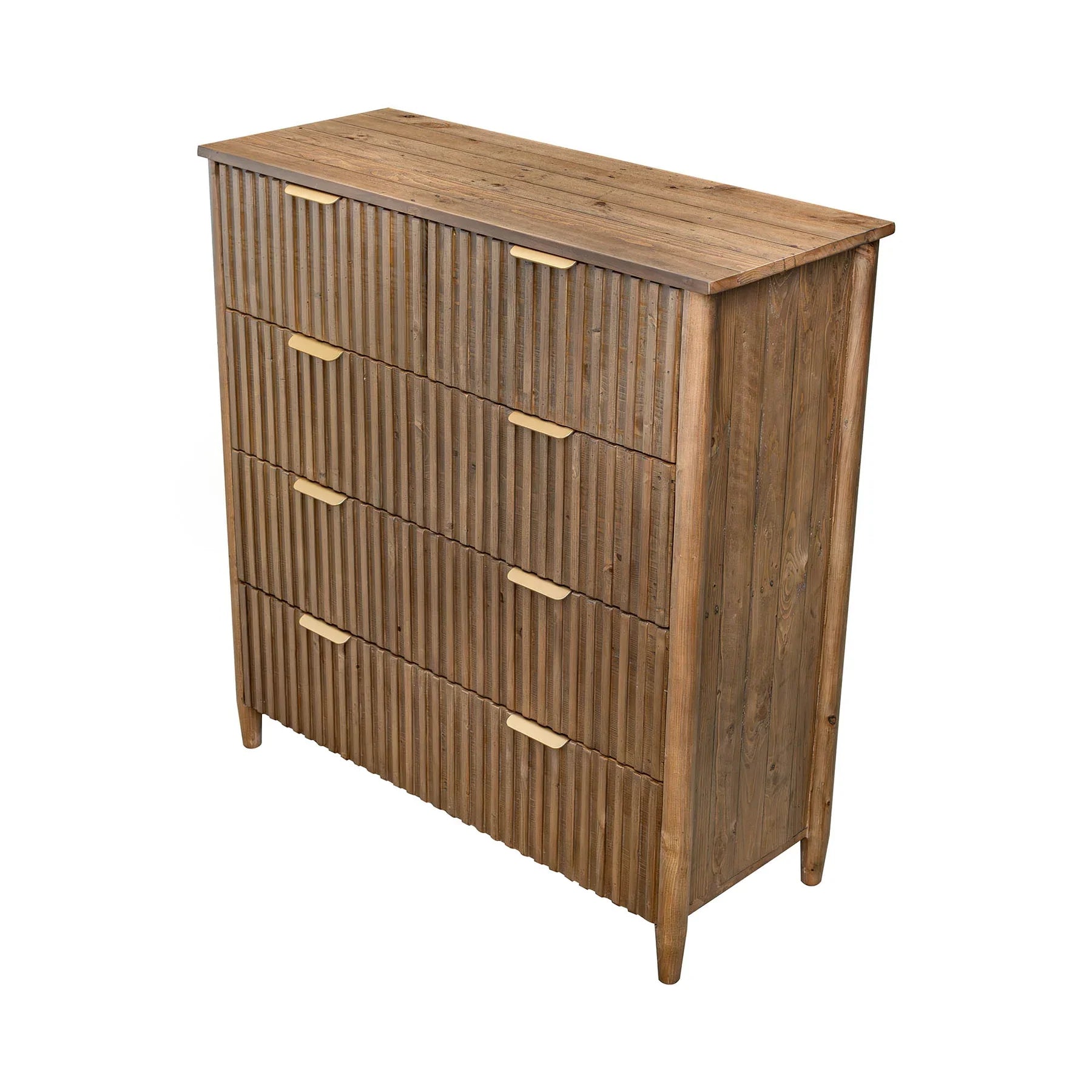 Front view of the Britanica 5-drawer chest featuring a warm rustic brown finish with vertical fluted wood textures and sleek gold metal handles