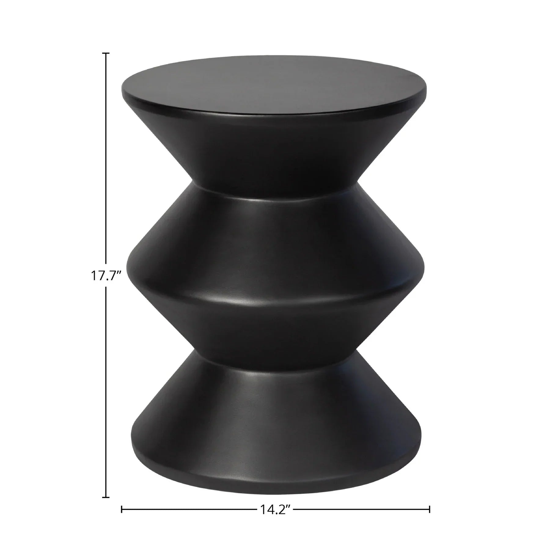 Three-quarter view of the concrete inverted side table featuring a matte black finish and a bold three-tier geometric zig-zag silhouette