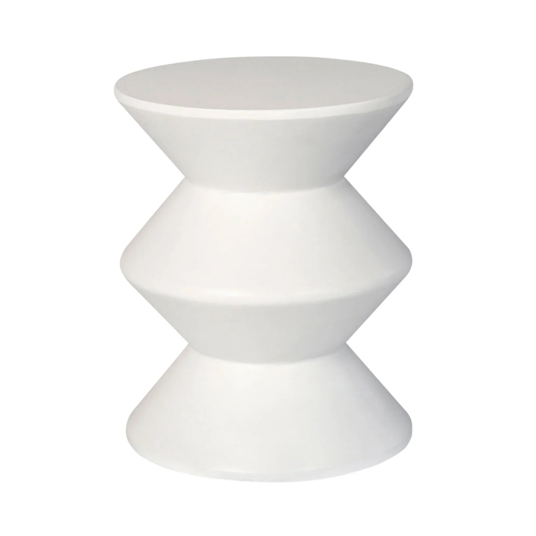 Three-quarter view of the concrete inverted side table featuring a matte black finish and a bold three-tier geometric zig-zag silhouette