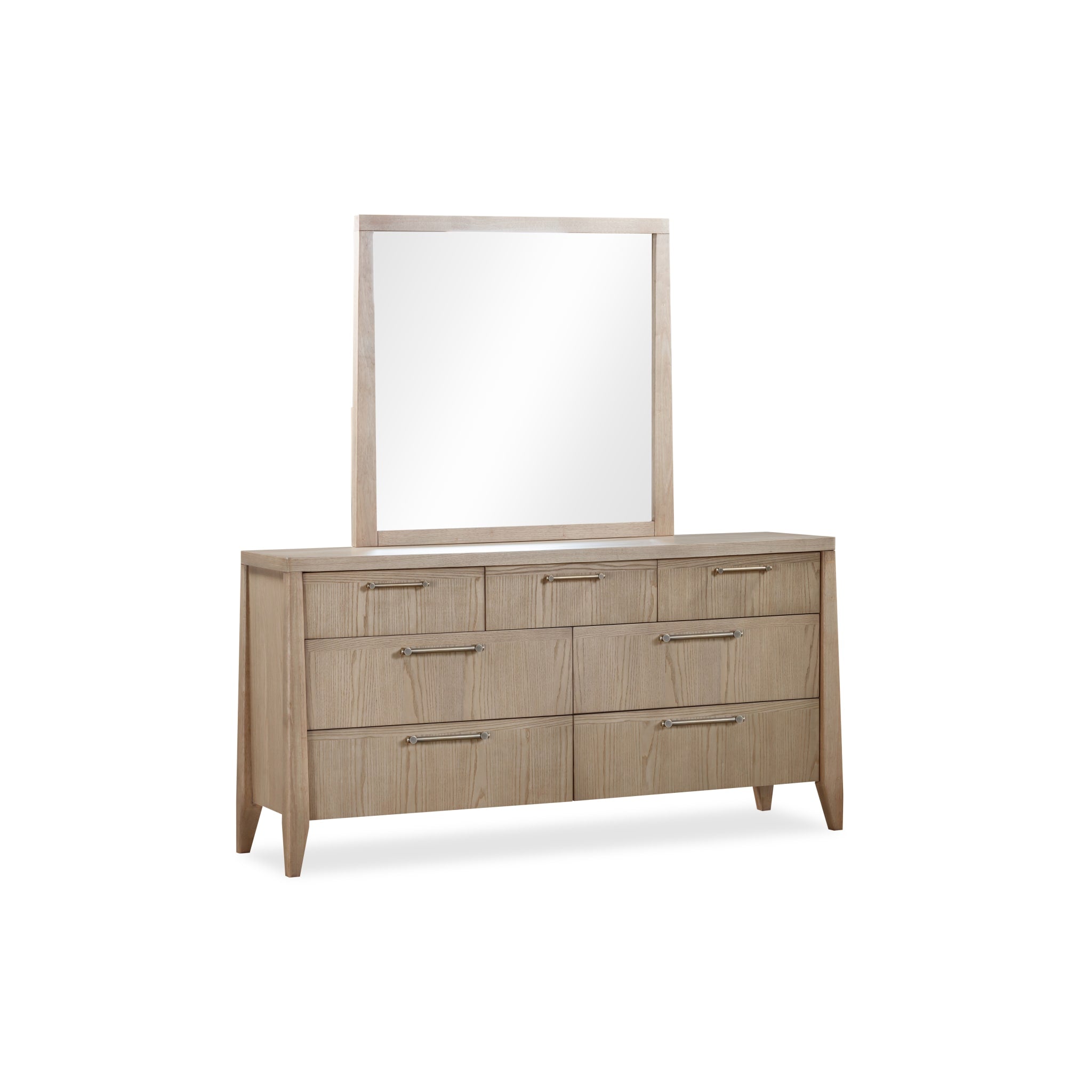 Three-quarter perspective view highlighting the clean architectural frame, tapered legs, and the split-drawer storage configuration