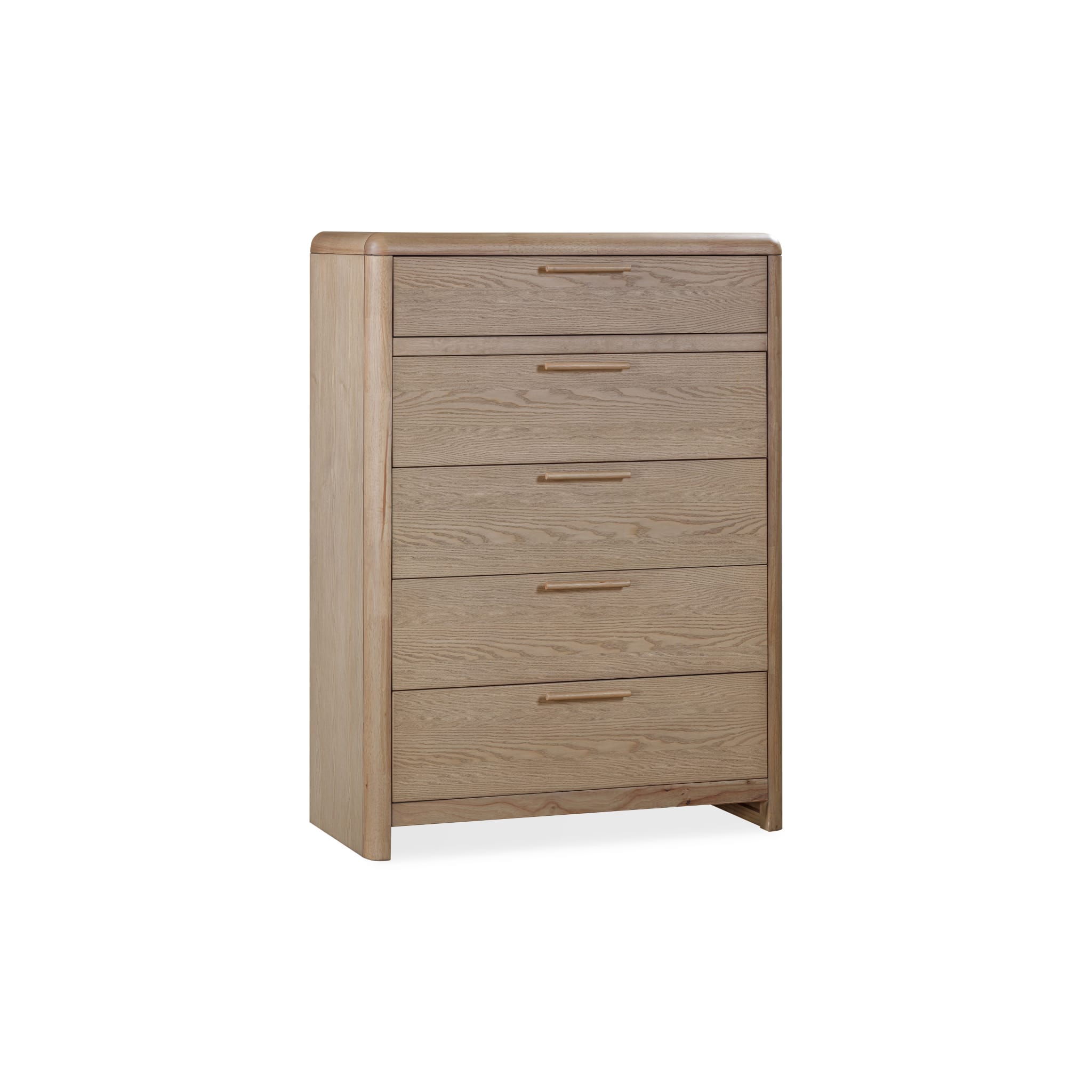 Three-quarter perspective view highlighting the seamless curved architectural frame and the natural ash wood grain texture