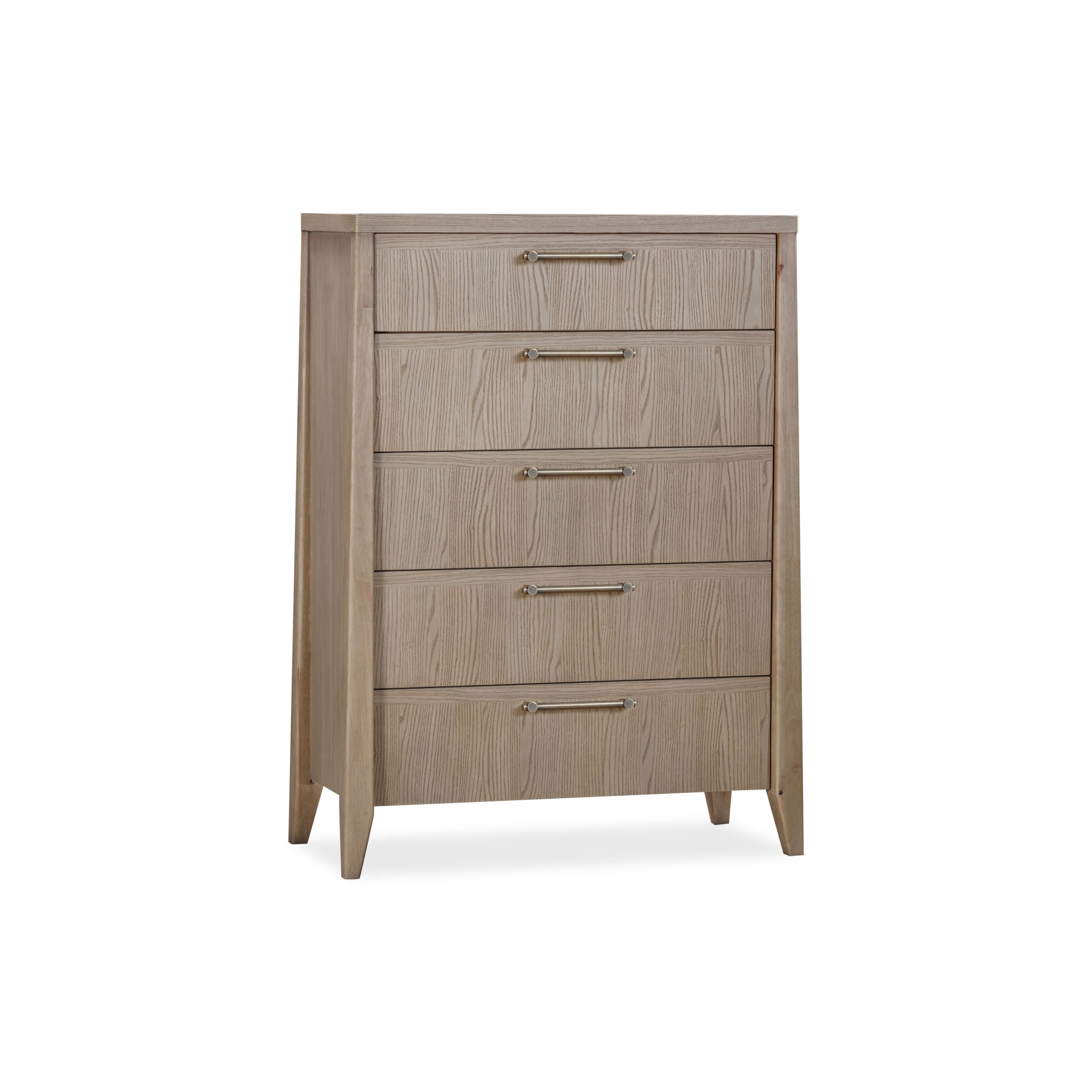 Three-quarter perspective view highlighting the clean vertical silhouette and the architectural tapered legs of the ash wood chest