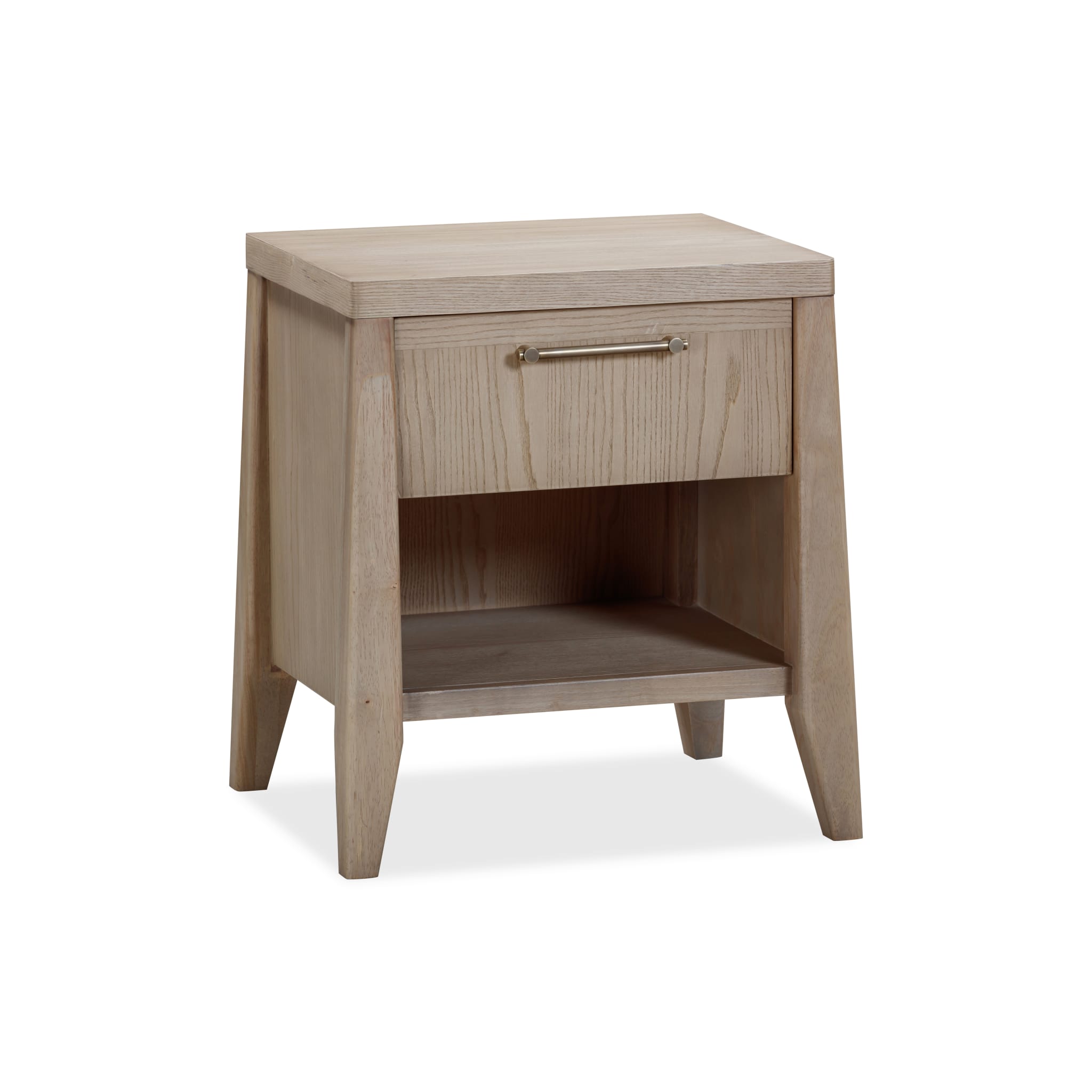 Front view of the Nettie nightstand featuring a warm ginger ash wood finish, a single drawer, and a lower open storage shelf