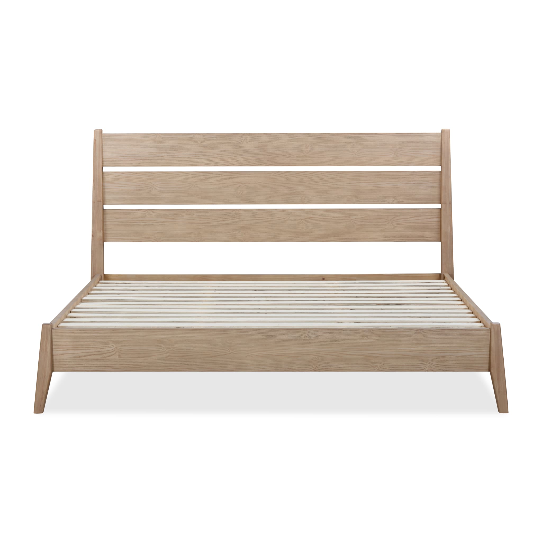 Straight-on studio view of the Nettie wood bed frame without mattress highlighting the sturdy slat support system