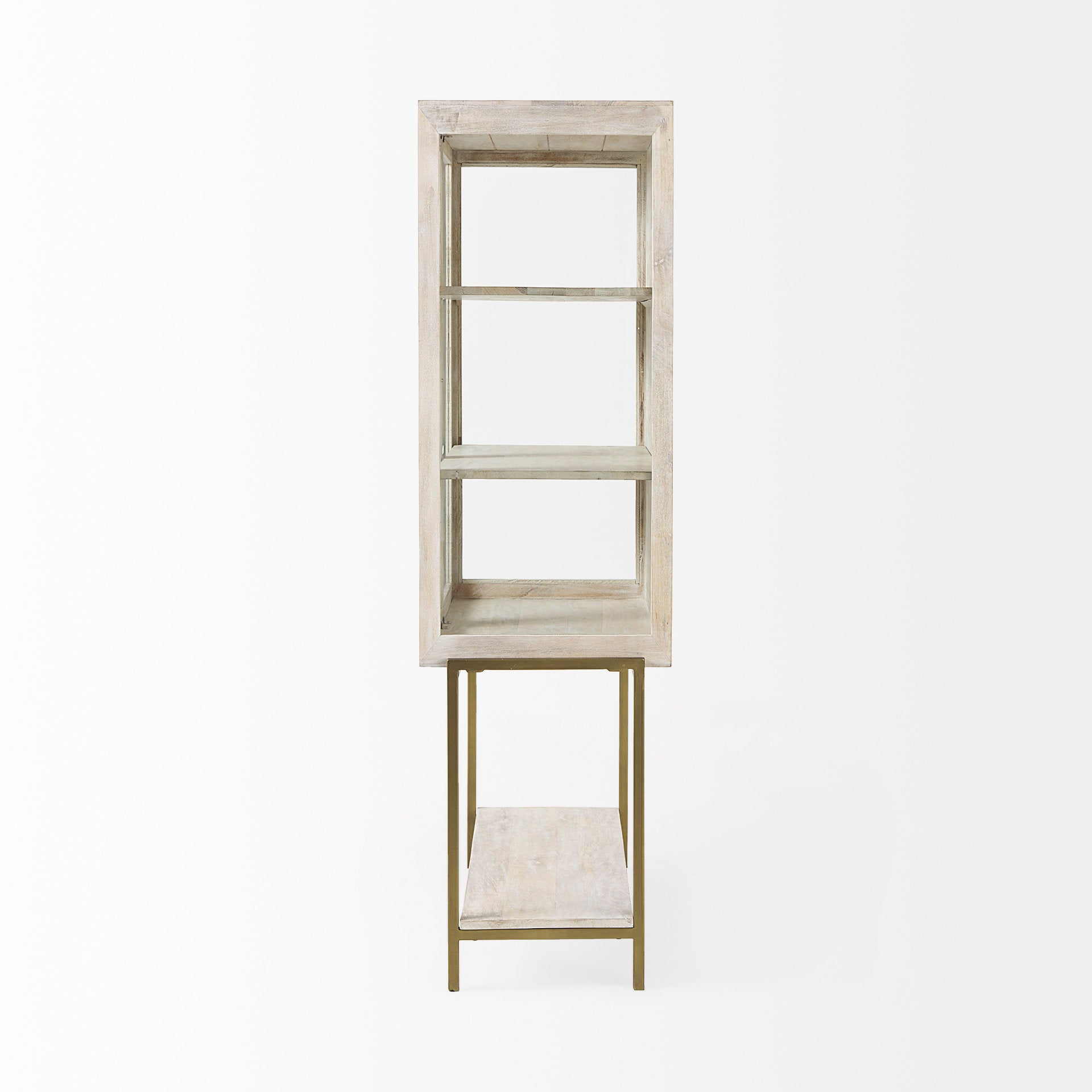 Front view of the Arelius display cabinet featuring white-washed wood, glass double doors, and a slim gold-finished metal base with a lower shelf
