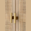 Macro shot focusing on the contemporary gold brass H-shaped door handles set against the woven natural cane texture