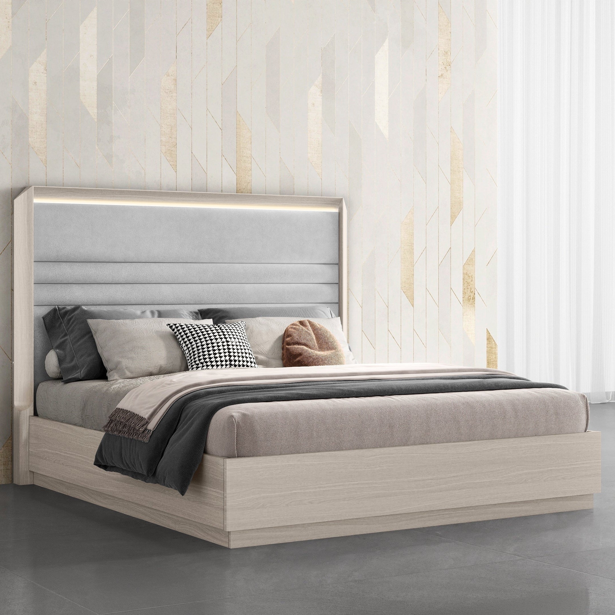 Front view of the Velar storage bed featuring integrated LED headboard lighting and horizontal channel tufted gray upholstery