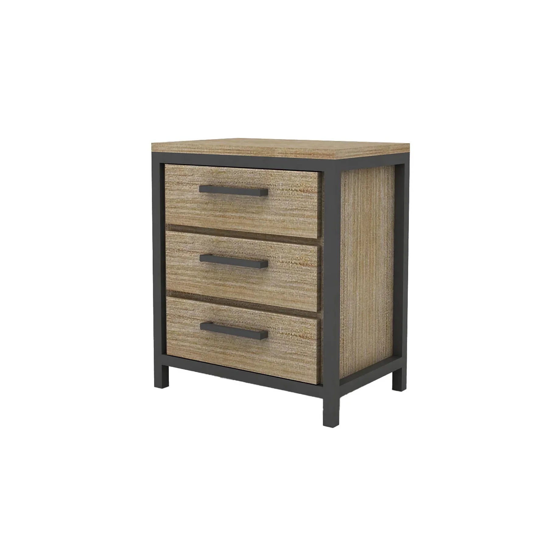 Front view of the Irondale nightstand featuring a three-drawer design with textured light wood panels and a minimalist black metal outer frame